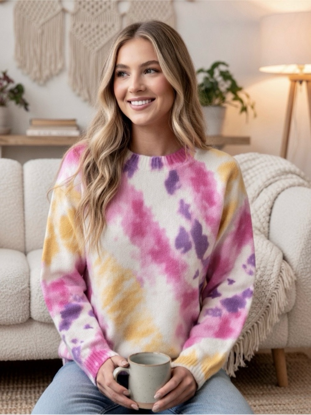 Charter Club 100% Cashmere Pink Tie-Dye Crewneck Long Sleeve Sweater Small